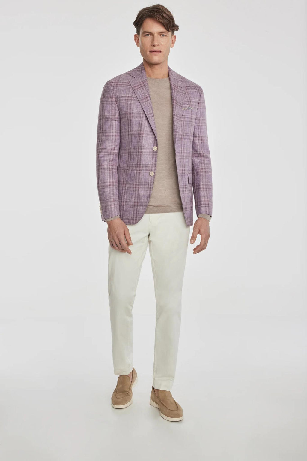 Jack Victor Midland Plaid Wool, Silk, and Linen Lavender Blazer