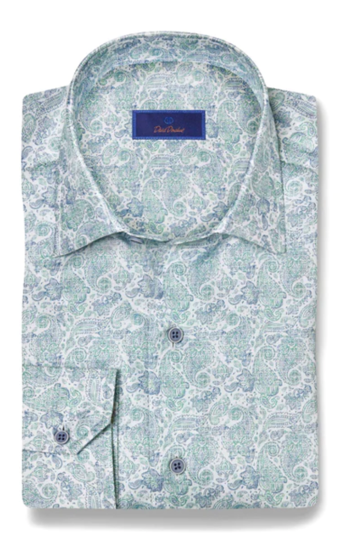 David Donahue Blue & Green Paisley Print Shirt